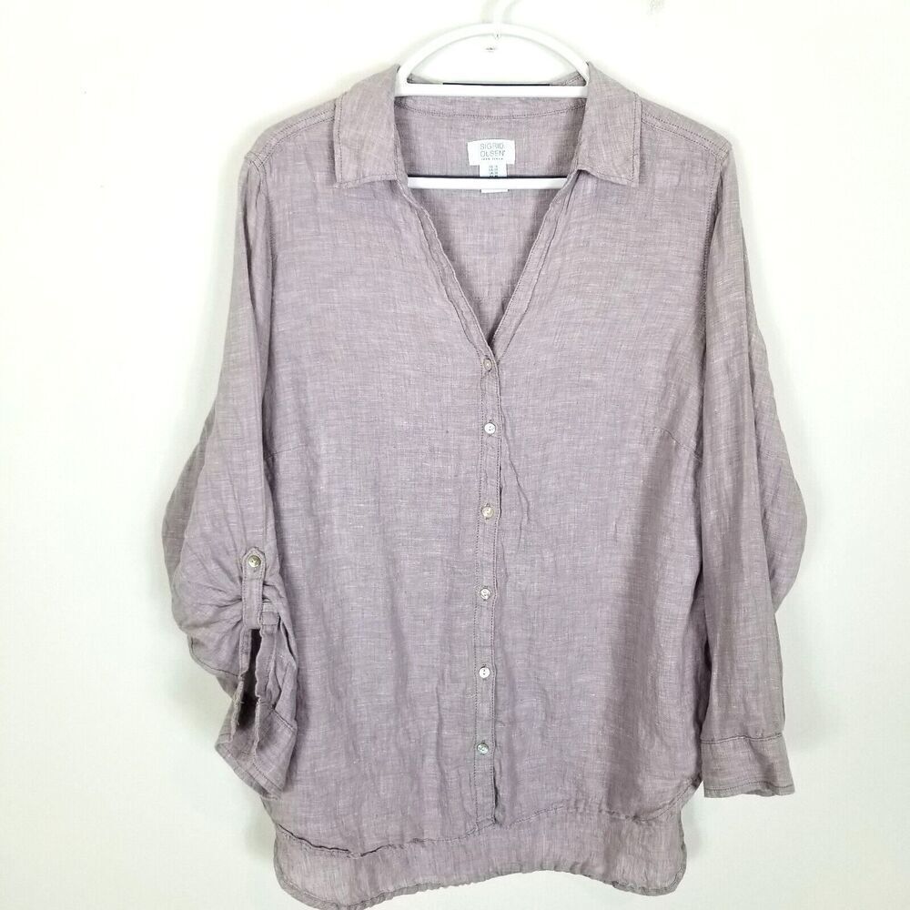 Sigrid Olsen Soft Lavender Button-Front Linen Shirt